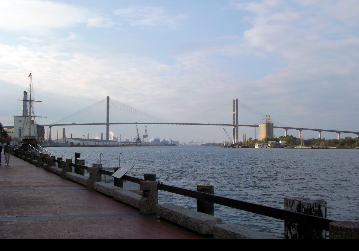 Looking across the Savannah River from East River Street to the Eugene Talmadge Memorial Bridge.