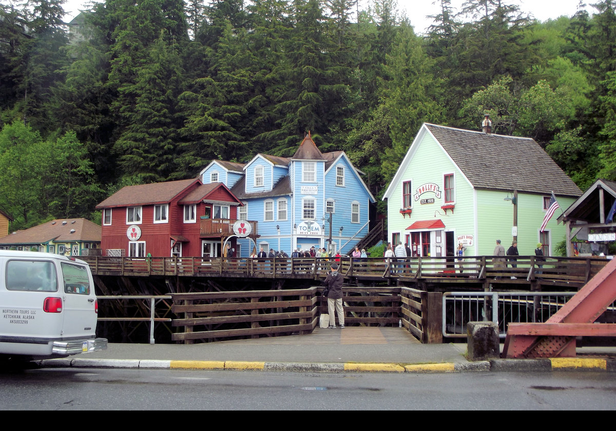 Looking at Creek Street, an historic boardwalk built on wooden pilings along Ketchikan Creek.