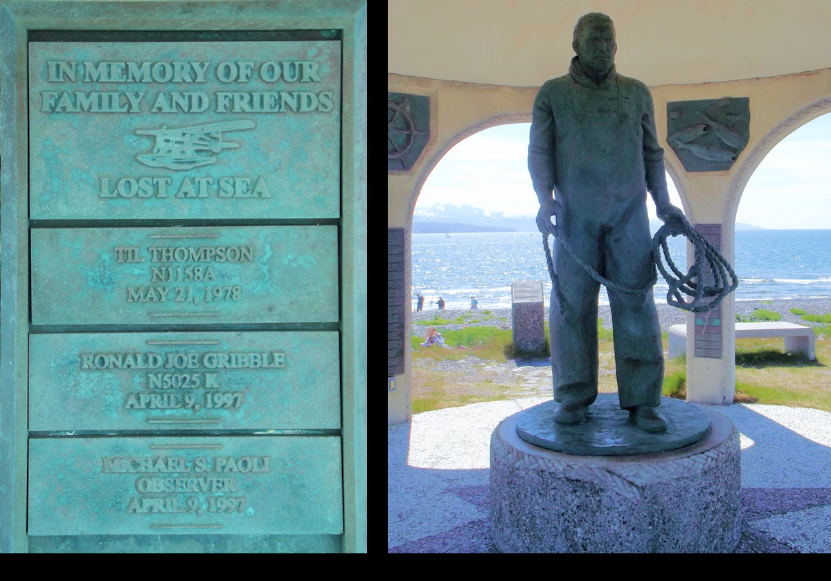 The statue and one of the plaques, listing those lost at sea, inside the The Seafarer's Memorial.