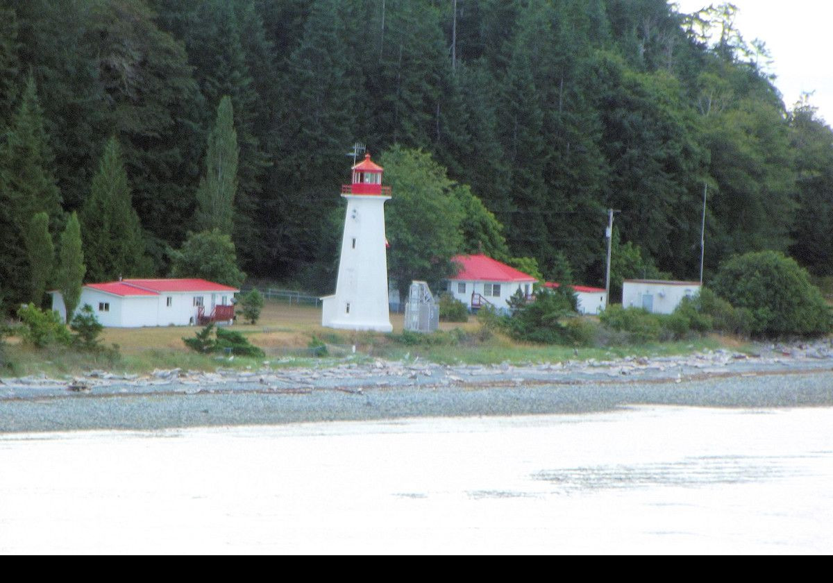 After leaving Seattle, the ship took course through the Strait of Juan de Fuca, then to the west of Vancouver Island.  It then sailed through Queen Charlotte Sound into the Inside Passage.  This is Cape Mudge Lighthouse on the southern tip of Quadra Island off the coast of Vancouver Island in British Columbia.  It is at the southern entrance to Discovery Passage.  