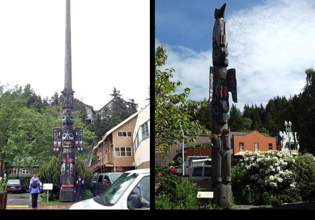 (Left) Chief Johnson Totem dating to 1911.  It is 55 feet tall, and carved from a single red cedar.  Not shown in the picture is the 33 feet of un-decorated wood with a carving of a Kadjuk bird on top.  Click the image to see a picture of the entire totem.  (Right) A copy of the Chief Kyan Totem comprising a bear, a thunderbird and a crane on top.
