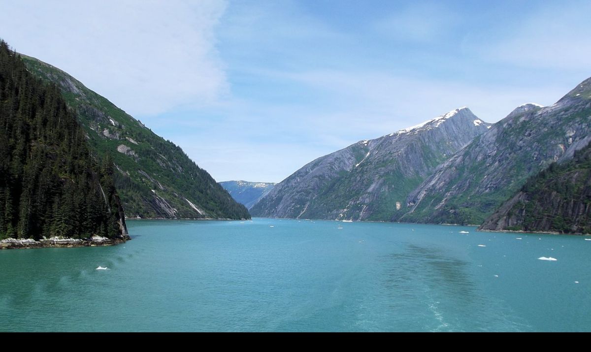 Here, we are starting to get closer to the glaciers.  The level of forestation has decreased, and we are starting to see more icebergs.  