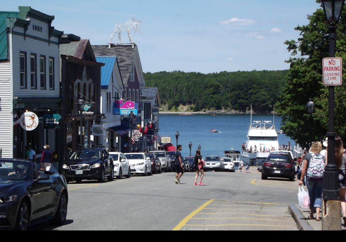 Looking down Main Street across Bar Harbor Narrows to Bar Island. You can walk across to the island at low tide.