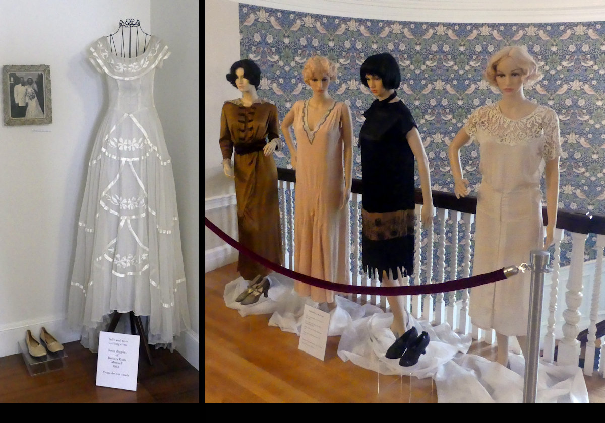 Left: Tulle & Satin wedding dress with satin slippers.  Worn by Barbara Ruth Mitchel in 1952. 
Right: A selection of high fashion from the era.