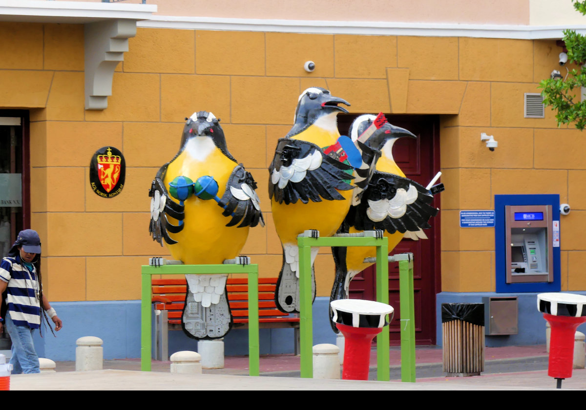 The "Three Little Birds".  Large metal bird sculptures in the Punda district.