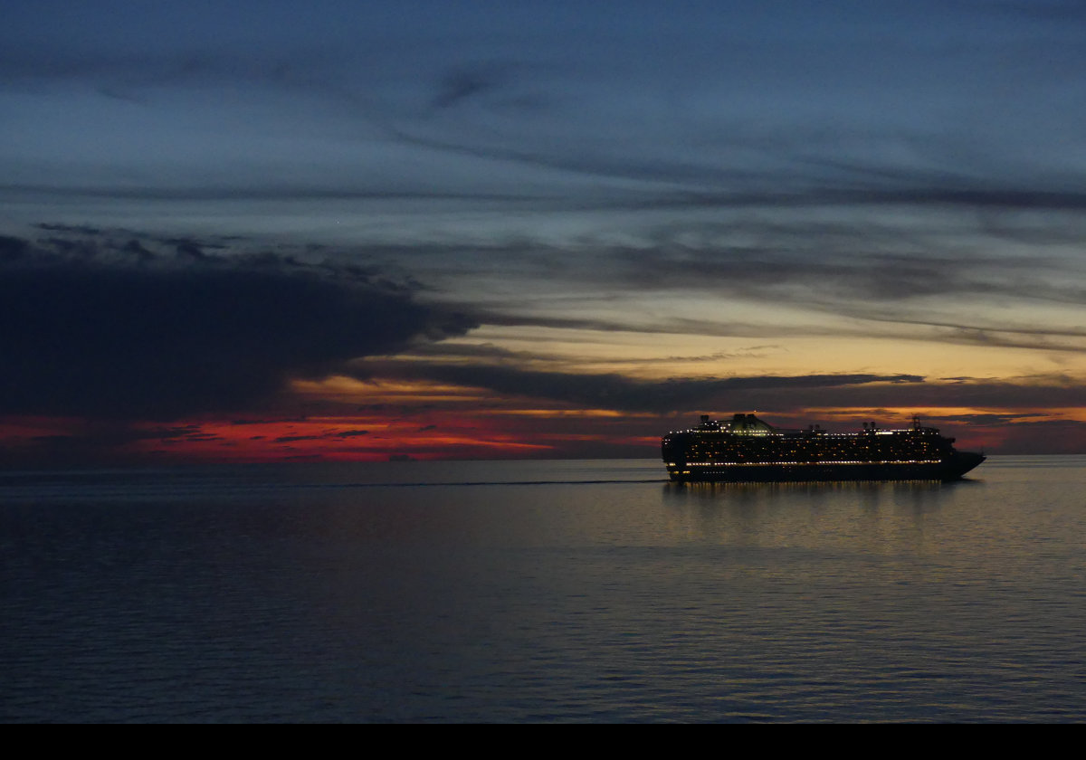 Sunset after leaving Bonaire en route to Ft Lauderdale.  Another cruise ship alongside.
