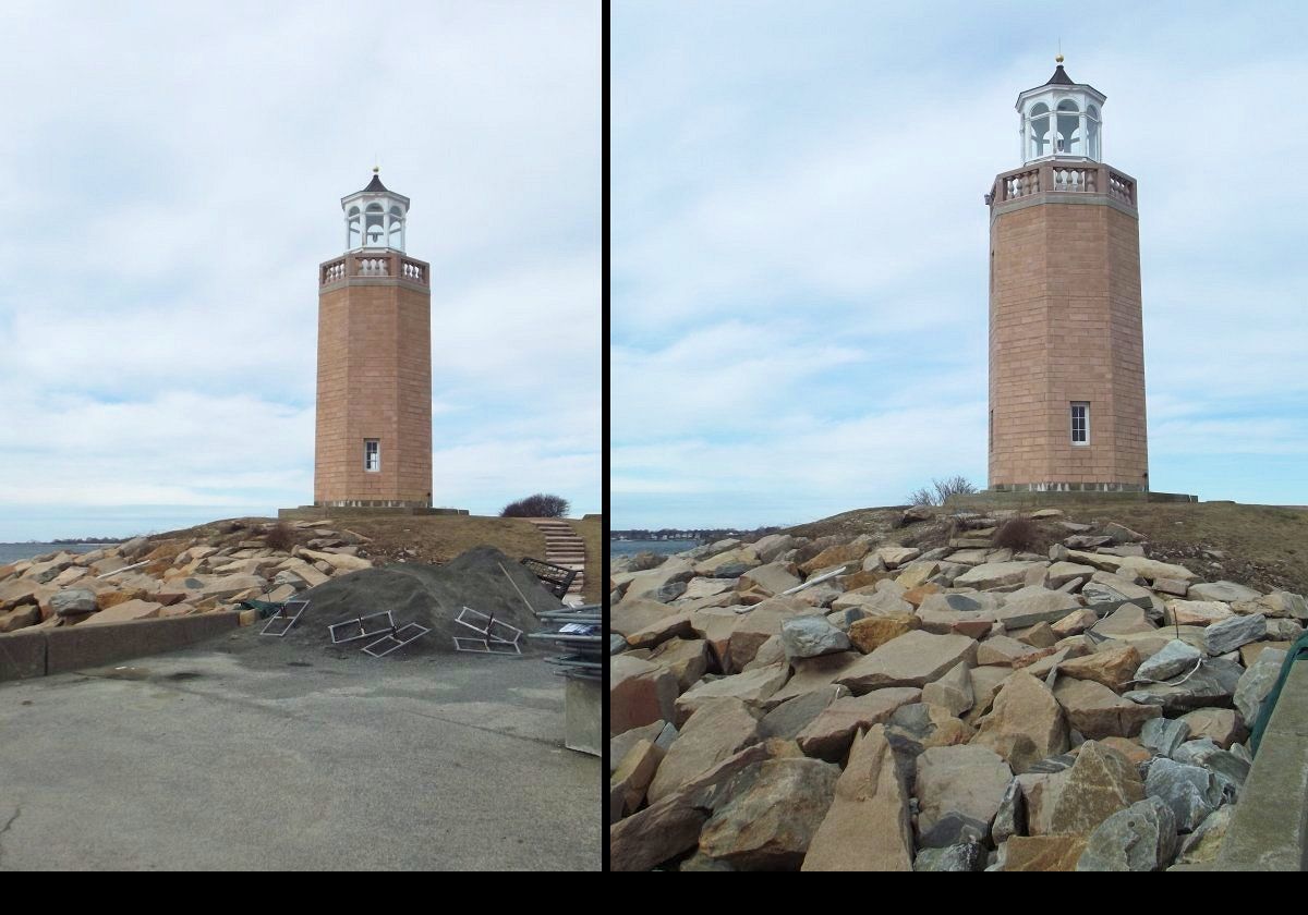The lighthouse was completed in March 1943, being the last built in Connecticut. It was not actually lit until May 2nd 1944 due to concerns about the war.  The octagonal tower is built from light brown concrete blocks with a wooden lantern housing.  