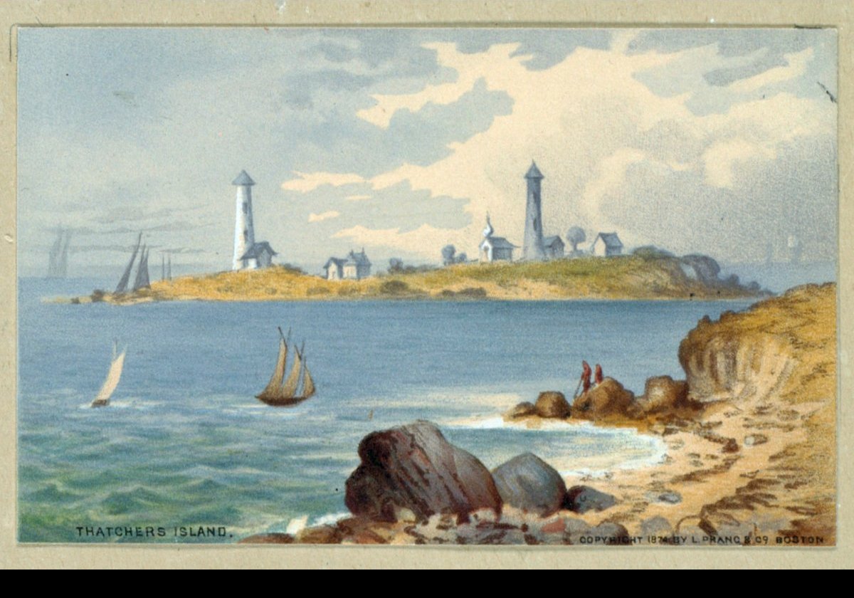 The lighthouses as they appeared around 1874.  From a Chromolithograph held in the Boston Public Library.