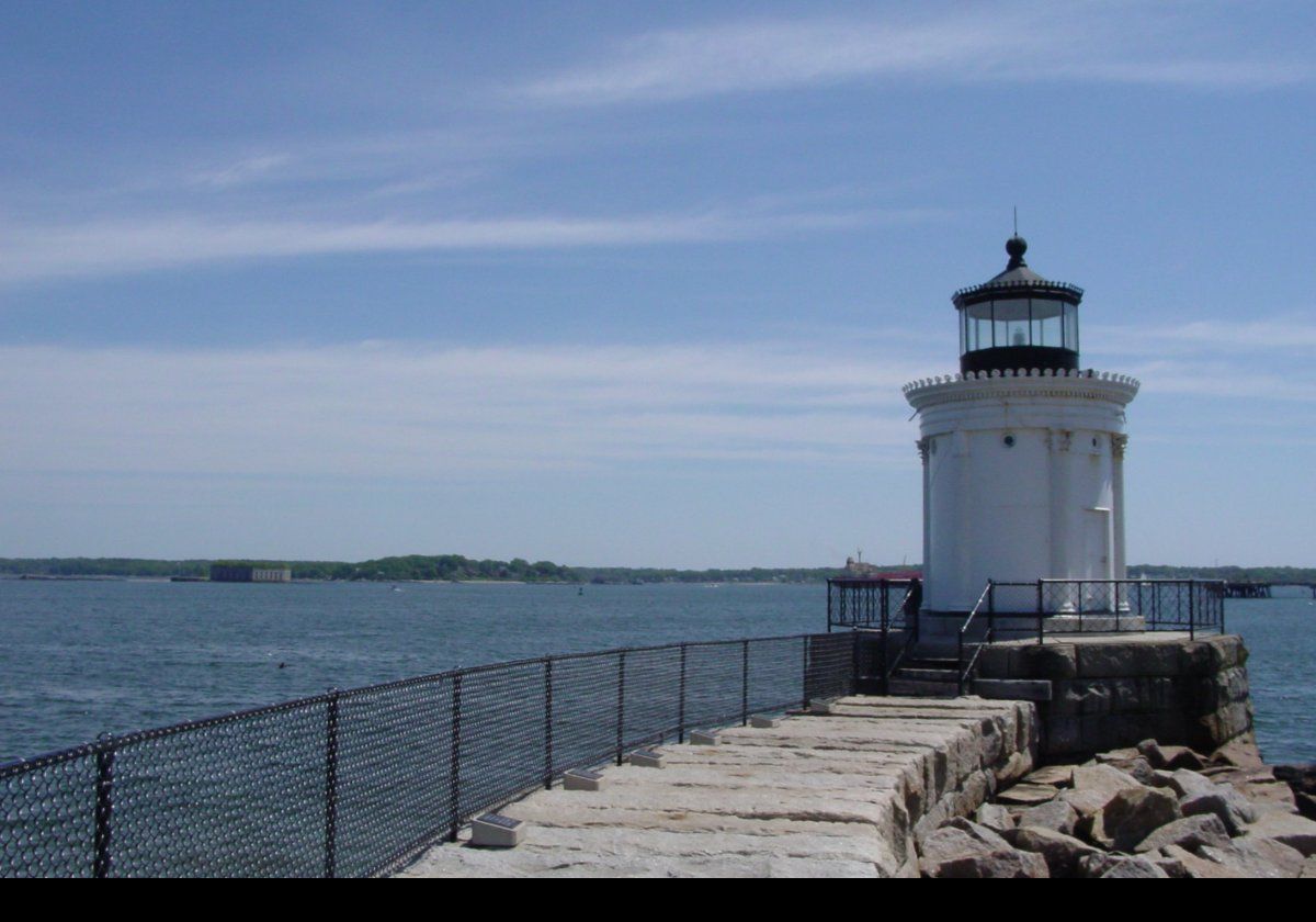 The Portland Breakwater Light.  Today, the light is surrounded by a park, the "Bug Light Park", and its beacon shines again flashing every four seconds.  