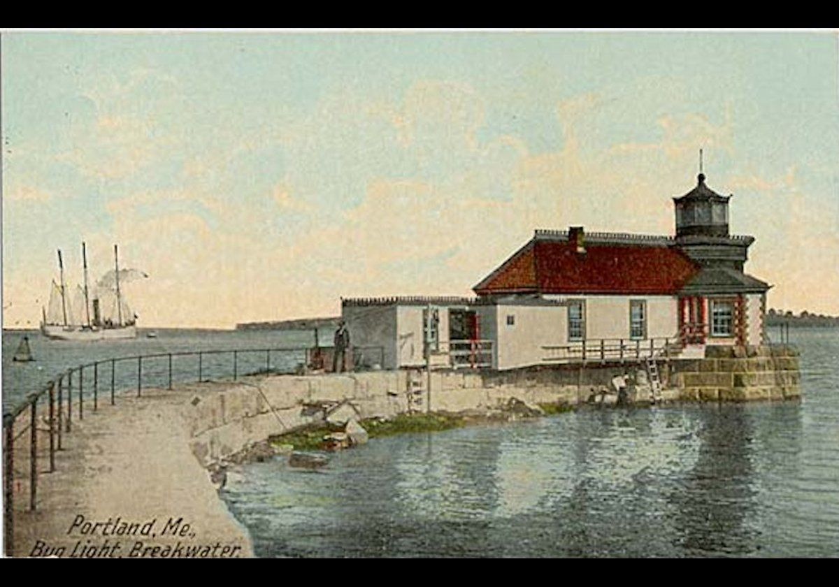 The Portland Breakwater Light.  A postcard of the Bug Light taken around 1915/1930.   The keeper's cottage is still there, as are the two additional rooms built in 1903.  Credit The Smithsonian