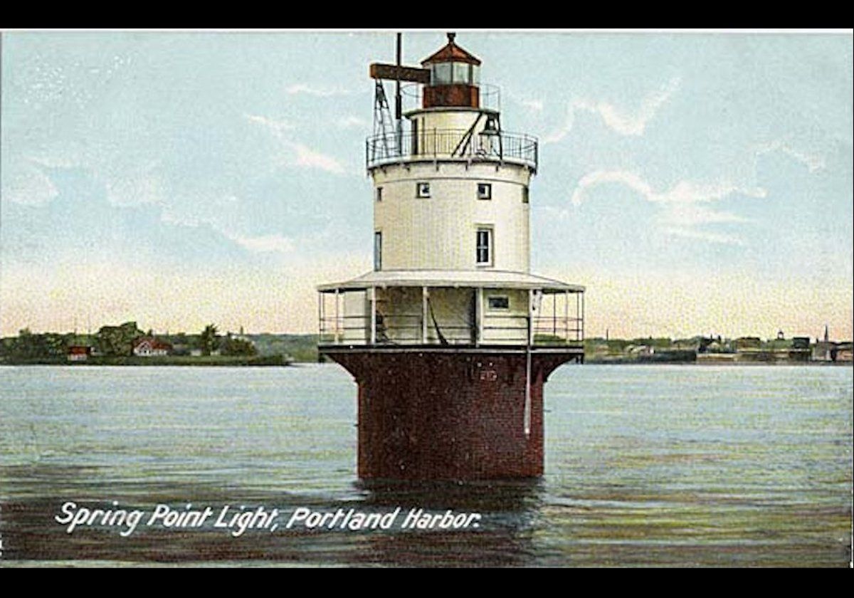 The Spring Point Ledge Lighthouse.  A postcard of the lighthouse from the early 20th century long before the breakwater was built.  Credit The Smithsonian