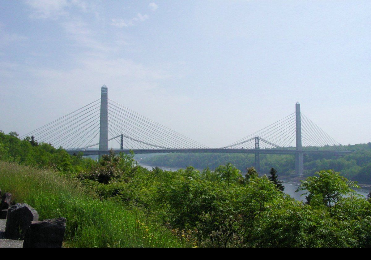 The Penobscot Narrows Bridge runs roughly north-south between Bucksport and Verona across the Penobscot River just north of Penobscot Bay. It is a cable-stayed bridge. It includes an observation tower atop one of the pylons, the Penobscot Narrows Observatory, which is the tallest in the world that is accessible to the general public. It is adjacent to Fort Knox State Historic Site. 