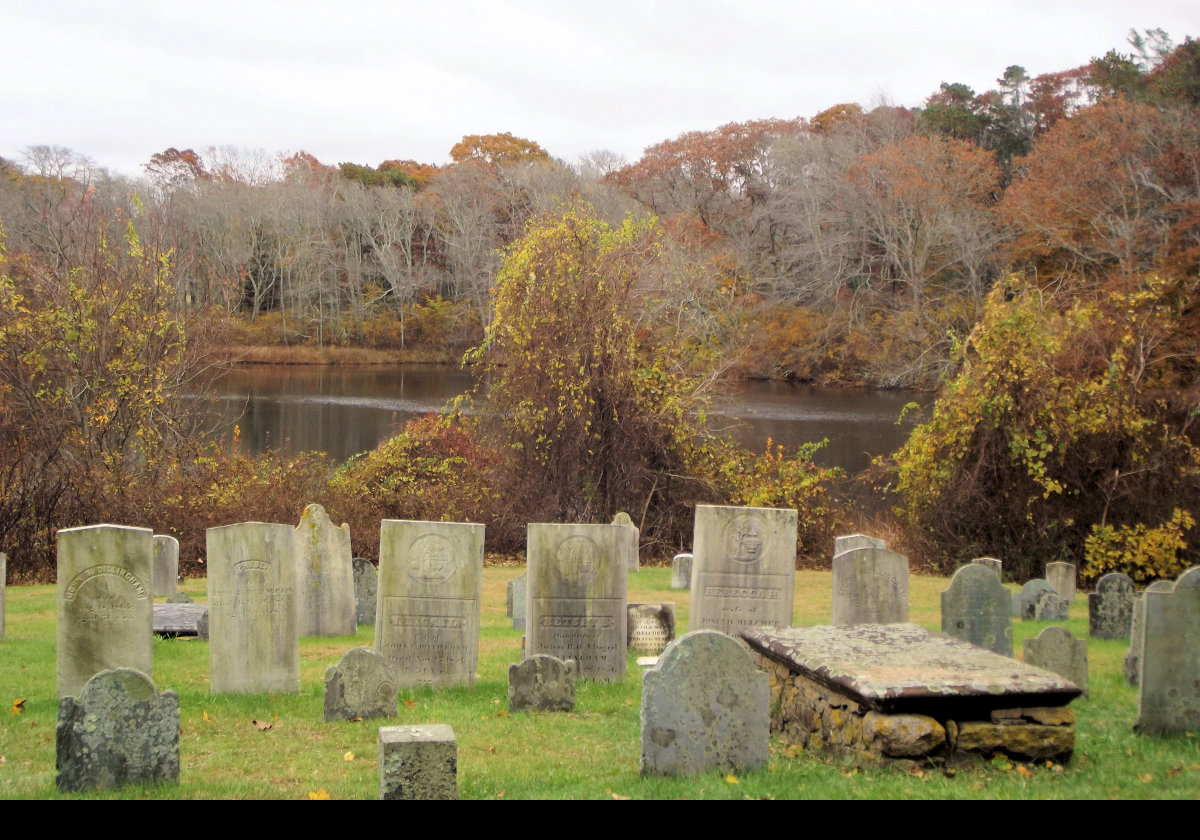 Old Town Cemetery in Sandwich with Shawme Lake behind.