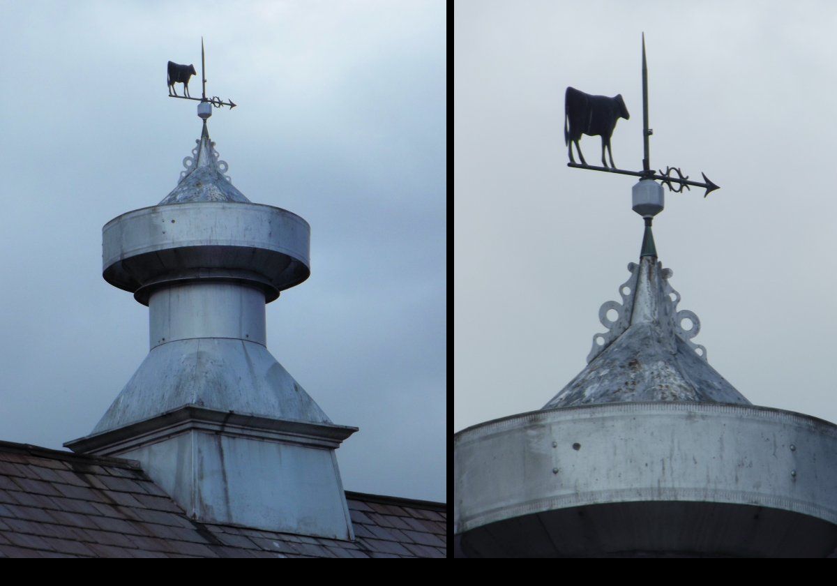 The weathervane on the roof of the barn.  