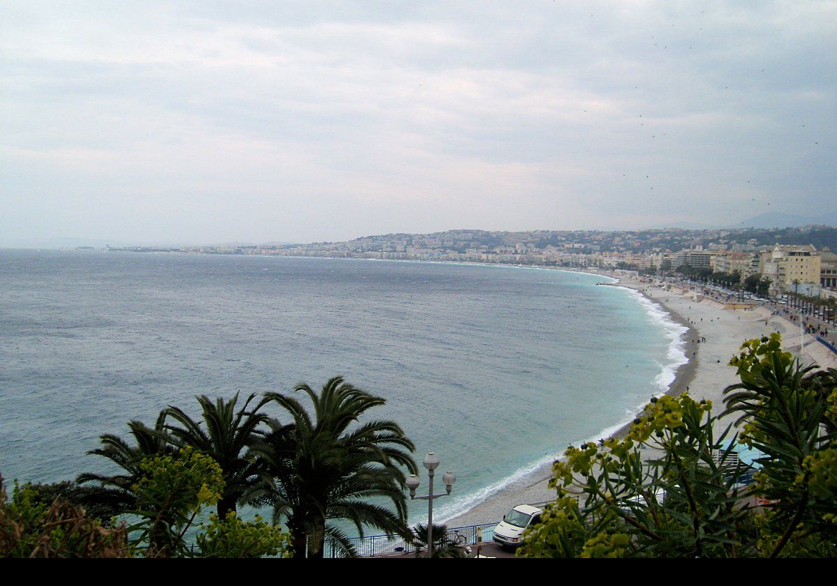 The Bay of Nice with La Promenade des Anglais running just inland from the beach.  