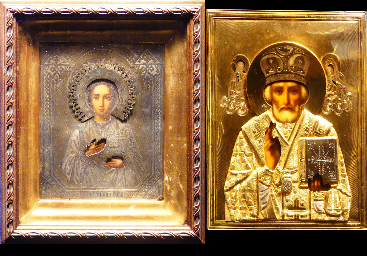 On the left, an Icon of Saint Peter the Wonderworker.            On the right, an Icon of the Great Martyr & Healer Panteleimon, the patron saint of physicians in the orthodox church. 