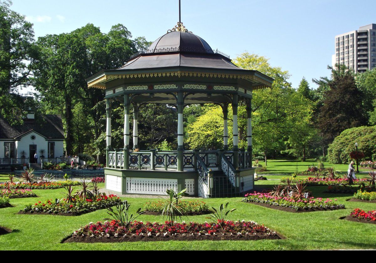 The bandstand designed by architect Henry Busch.  It is used for free public concerts on Sunday afternoons through the summer. 