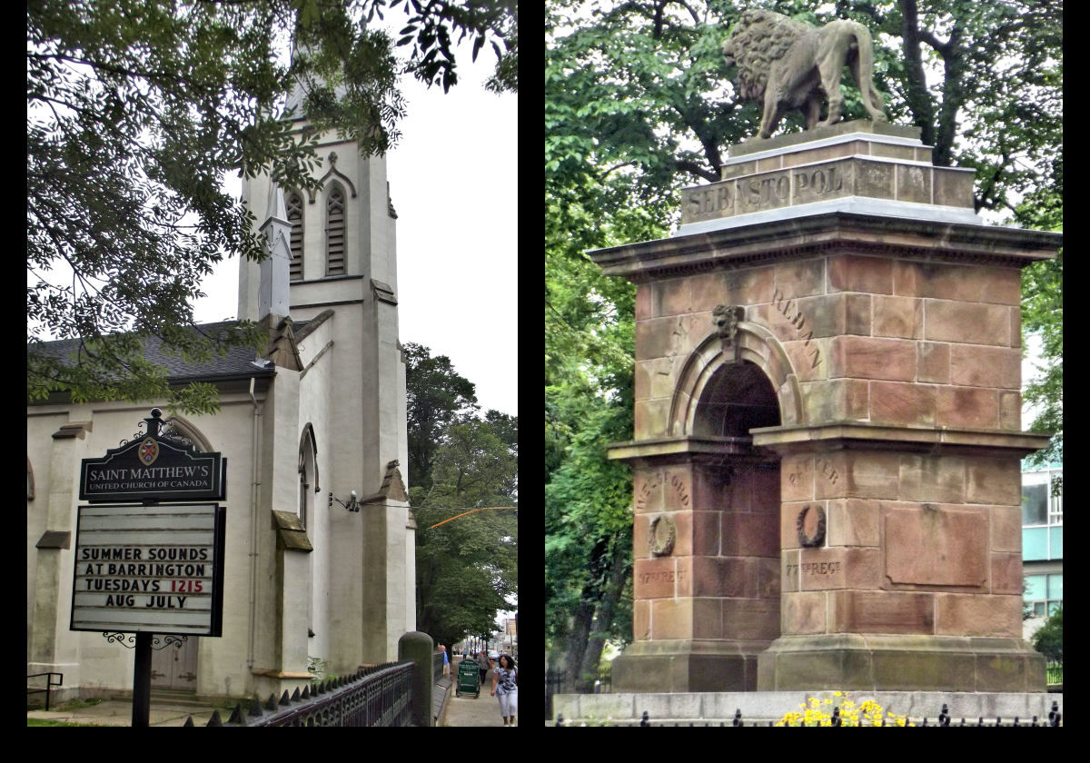The Sebastopol Monument (or Crimean War Monument) is an arch in the Old Burial Ground. It commemorates the Siege of Sevastopol (1854â€“1855). The arch and the surmounting lion were built in 1860 by George Lang. It is located on Barrington Street, pposite Saint Matthew's Church seen in the left picture.