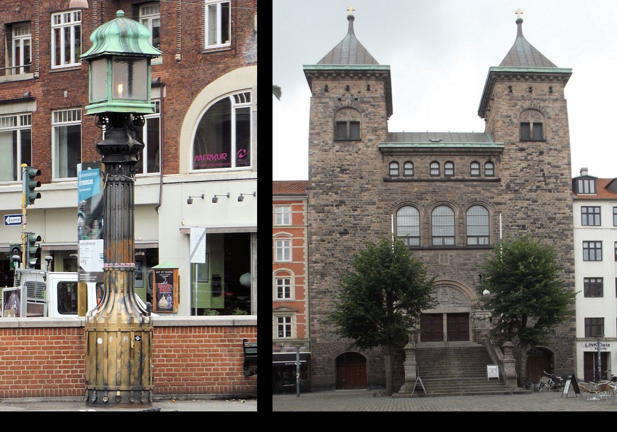 The picture on the left shows an old streetlight in the square.  On the right is Elijah's Church, belonging to the Church of Denmark, completed in 1908 in between two buildings original to the square from around 1850.  It replaced a factory building.  Click image to see a closeup of the doors.