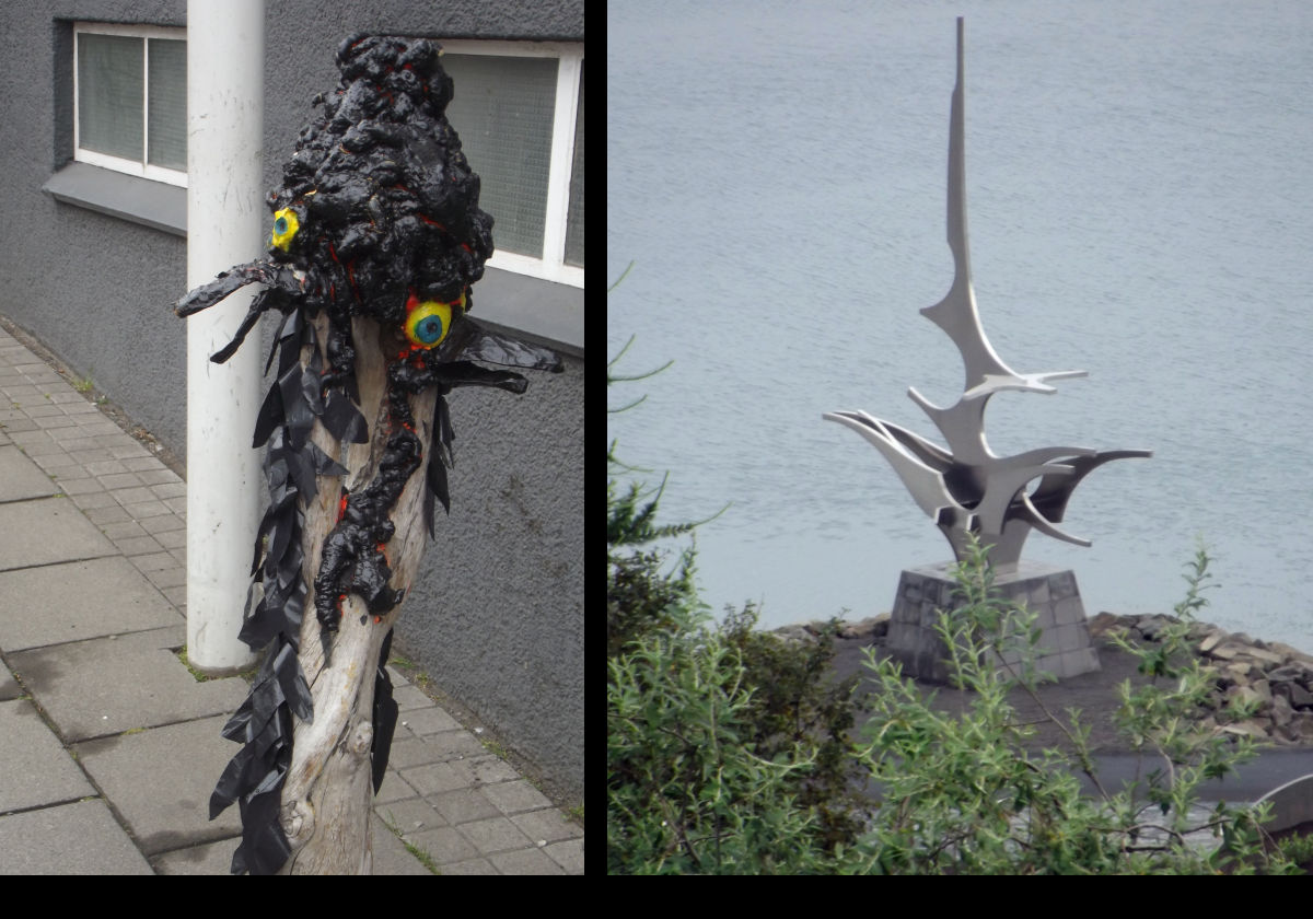 On the left, another example of street art.  The sculpture to the right is Sail or Sigling; a sculpture by Jon Gunnar Arnason.