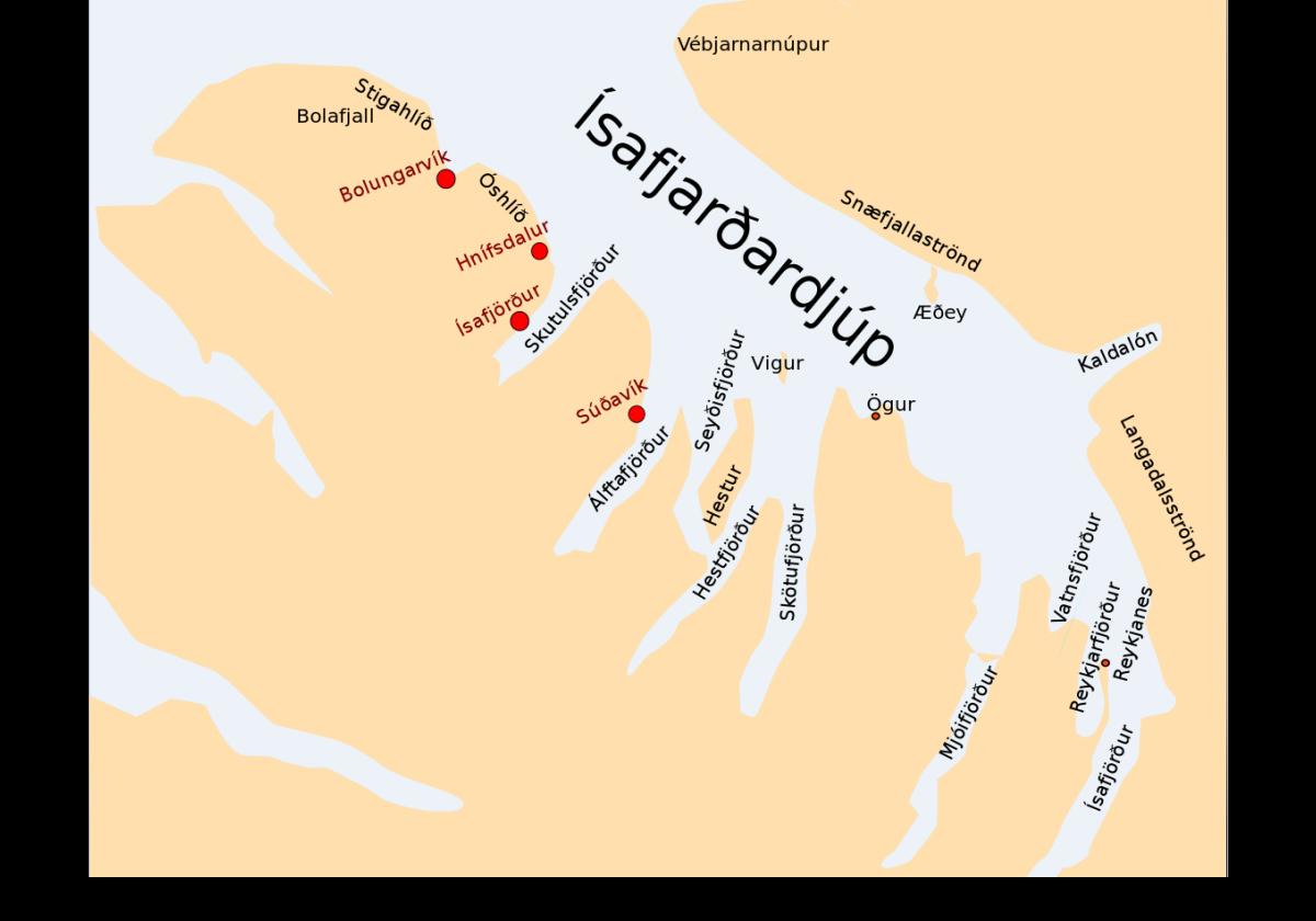 A map showing the fjord Isafjardardjup that leads to the town of Isafjordur in north-west Iceland.