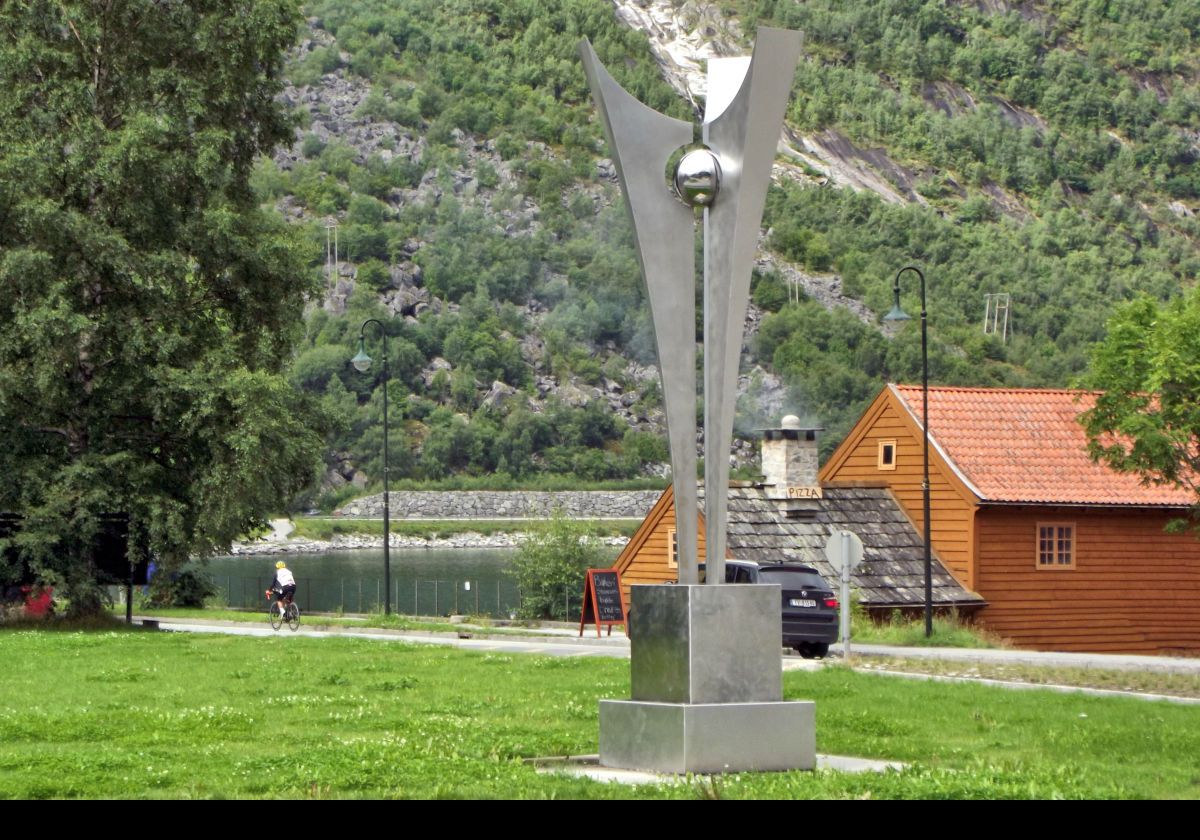 The Eidfjord Olympic flame sculpture near the waterfront on Riksvegen.