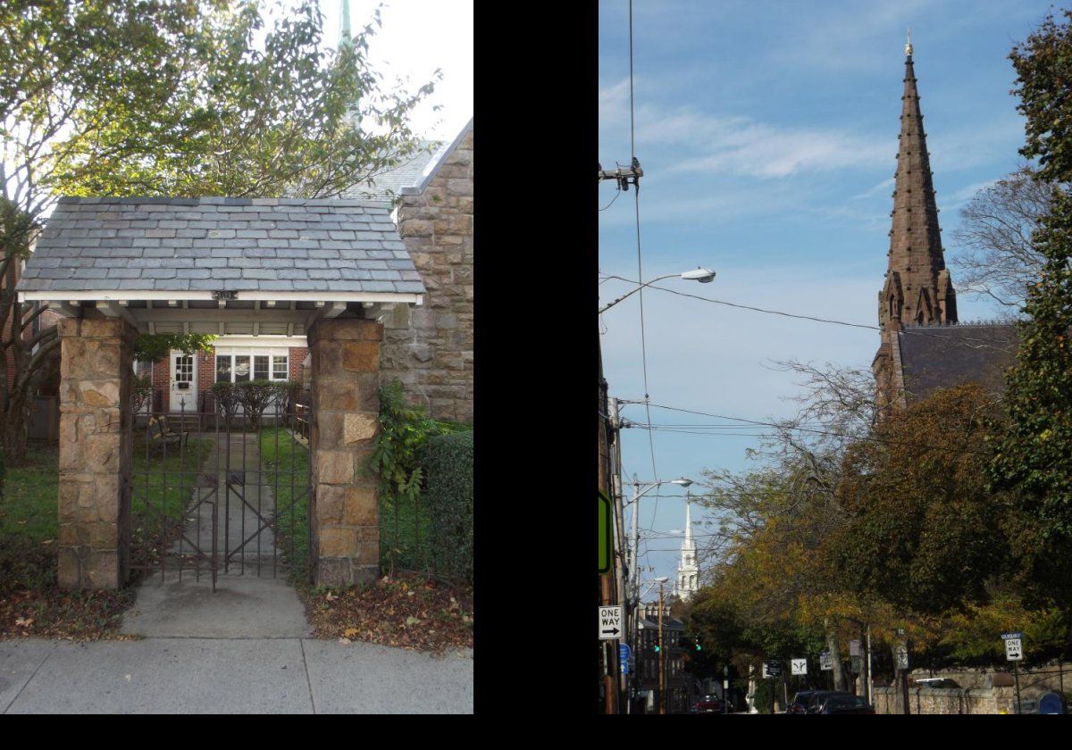 On the left is the entrance to the church shown in the previous photograph.  On the right are two more churches with prominent steeples seen when looking down the road from the public library.  The near one is St Mary's Church.