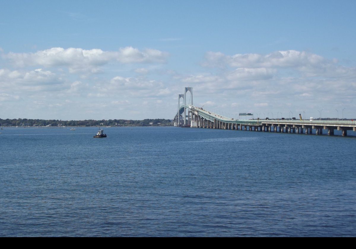 The Claiborne-Pell, or Newport, Bridge from Washington Street.  It connects  Newport, which is on Aquidneck Island, to Jamestown, which is on Conanicut Island.  