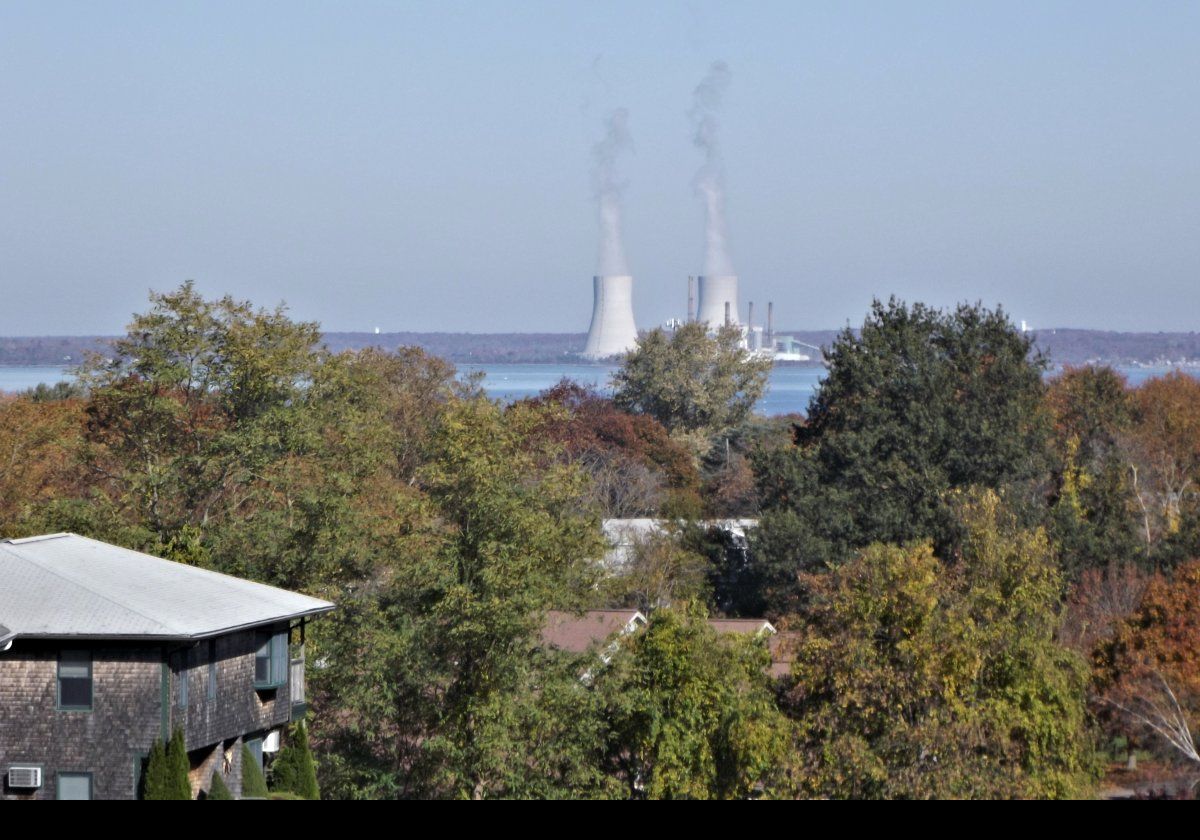 Looking across Mt Hope Bay from Butts Hill Fort at the Brayton Point Power Station in Somerset, Massachusetts. 