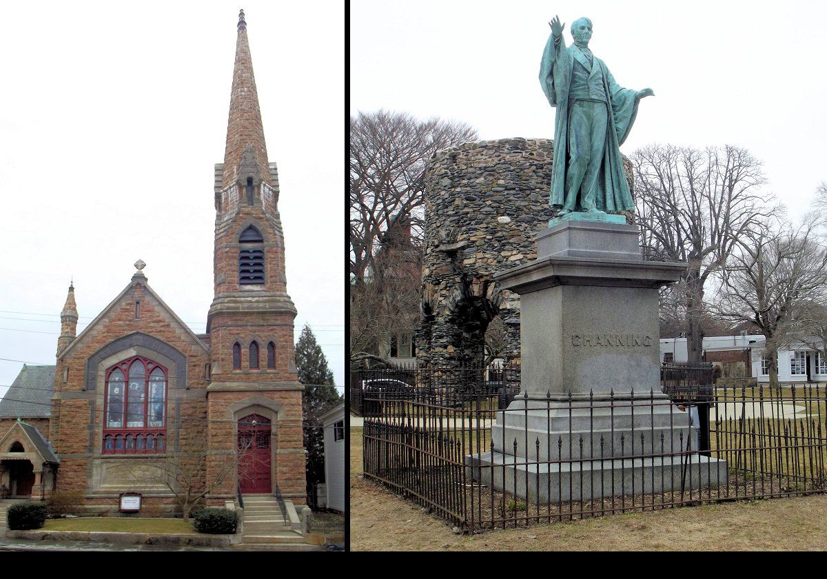 The Channing Memorial Church built in 1881-1.  The statue is of William Ellery Channing (1780-1842), the foremost Unitarian preacher of his time.  