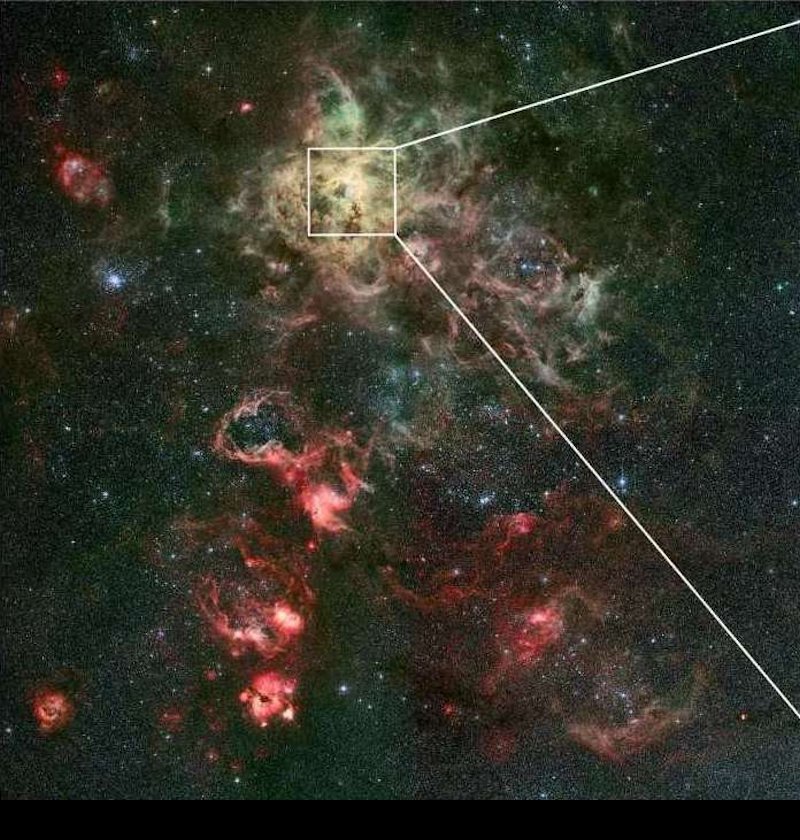 This picture shows the 30 Doradus Complex, also known as the Tarantula Nebula.  Click the right arrow to see the central portion enlarged.  