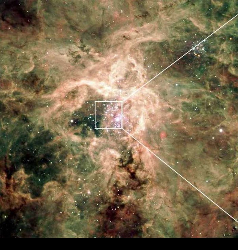 This picture shows the Cluster R136 in the Tarantula Nebula.  Click the right arrow to see the central portion enlarged.  