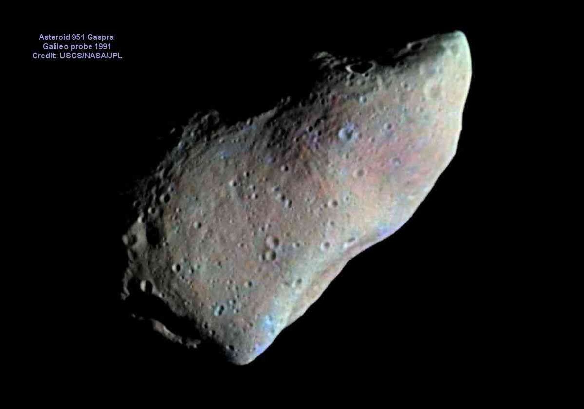 Asteroid 951 Gaspra.  This photograph was taken by the Galileo probe in 1991 while on route to Jupiter.  It was the first picture ever taken of an asteroid.  It is about 11 miles at its widest, so it is very small. 