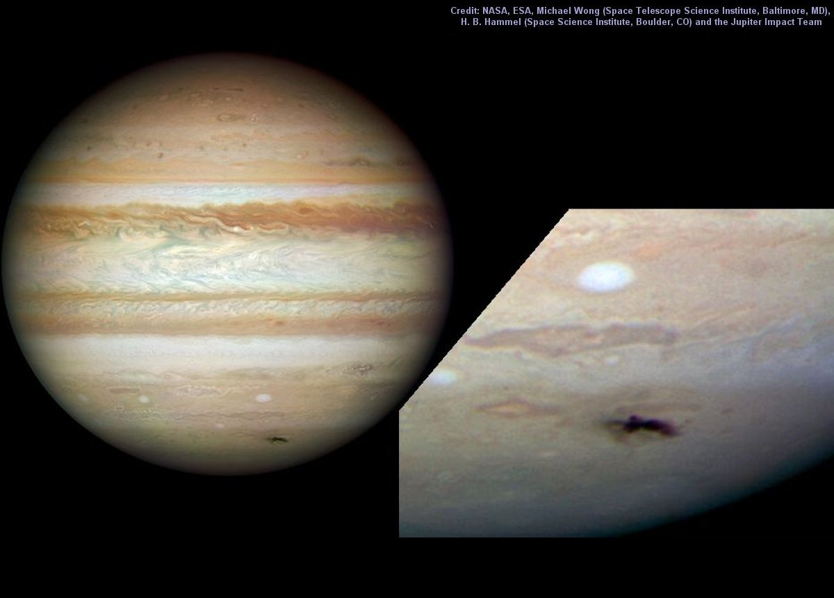 Hubble image taken on July 23 showing a blemish about 5,000 miles long left by the 2009 Jupiter impact.  