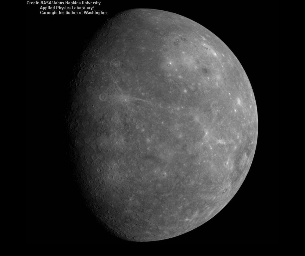 First of two images from the Messenger probe taken in 2008, during a fly-by of Mercury, showing the two faces of the planet. 