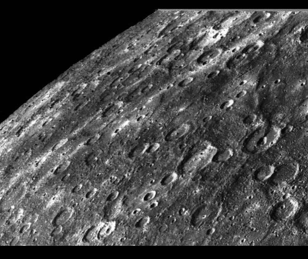 You can just see the Wren crater in the lower center of this Mariner 10 image.  It is about 215 km (135 miles) across, with a number of smaller craters inside its boundary. Towards the right hand side of the image you can see the meandering Antoniadi Dorsum, which is around 450 km (280 miles) long. 
