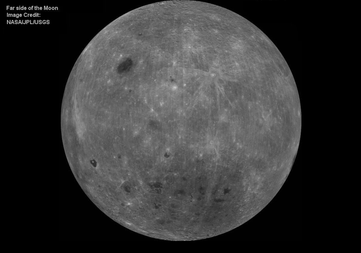 The far side of the Moon that we never see from the Earth.  The dark area at the bottom of the image is the South Pole-Aitken basin, which is the largest crater known in the Solar System.  