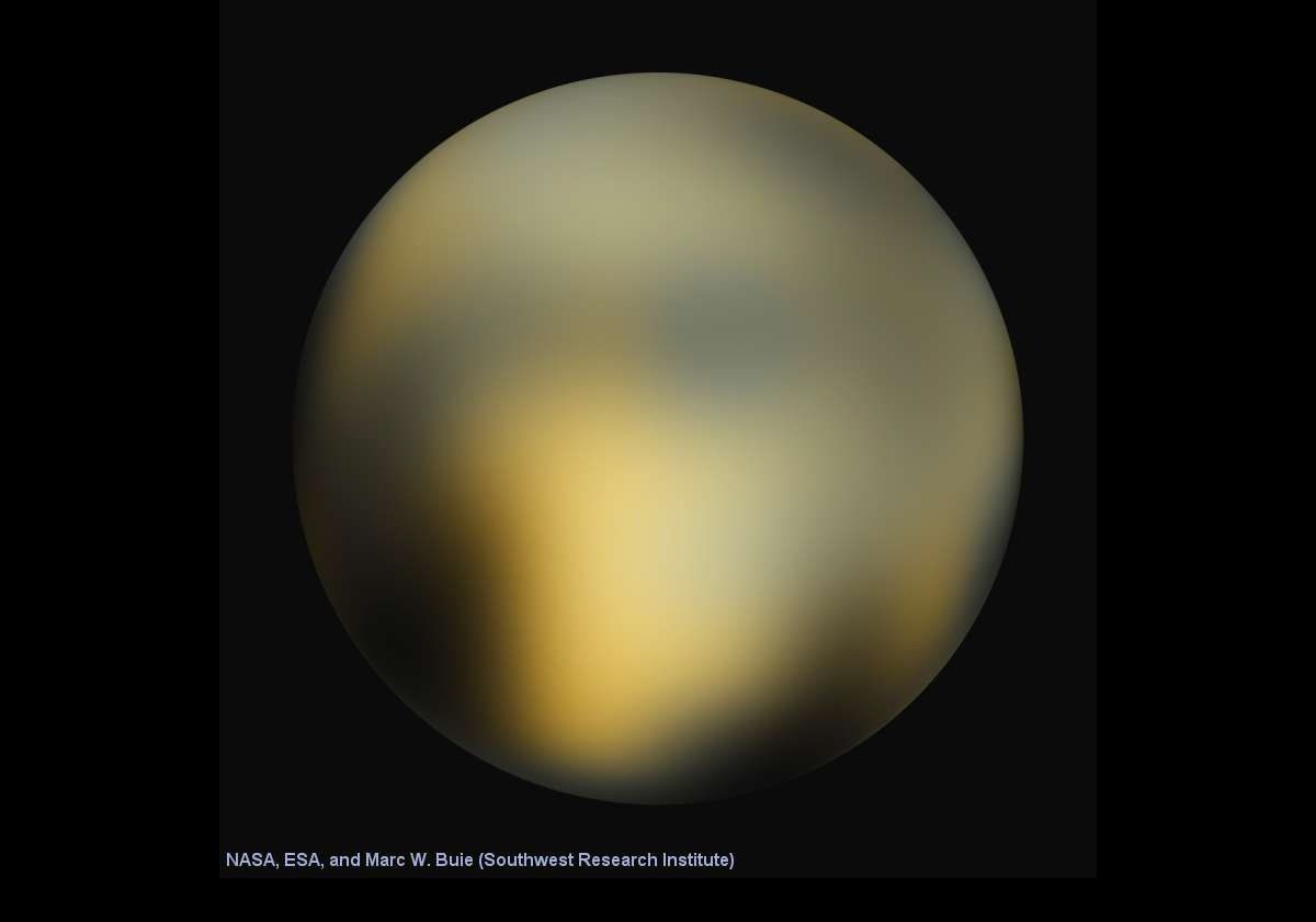 As a comparison, this image of Pluto was captured by the Hubble Space Telescope several years earlier.  