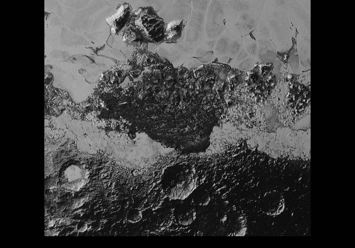 Various craters and other topological features on Pluto's surface.