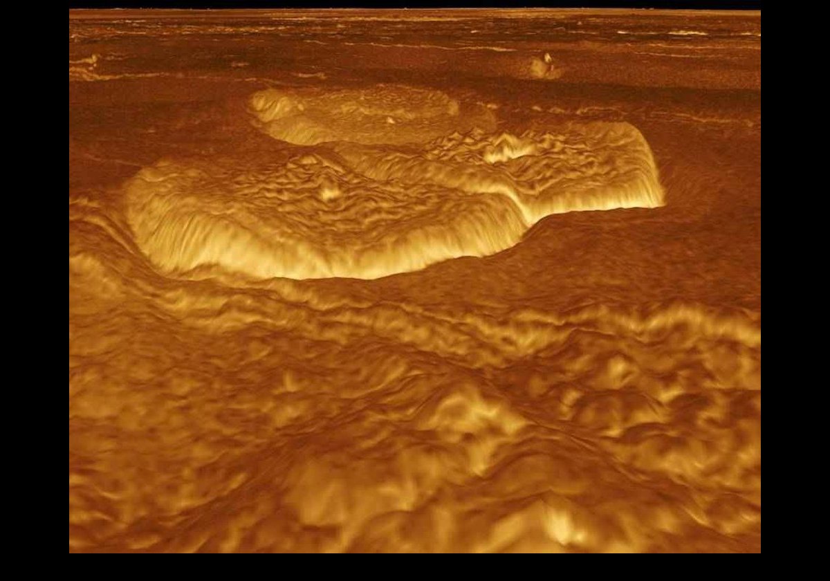 A portion of the eastern edge of Alpha Regio is displayed in this three-dimensional perspective view of the surface of Venus. 