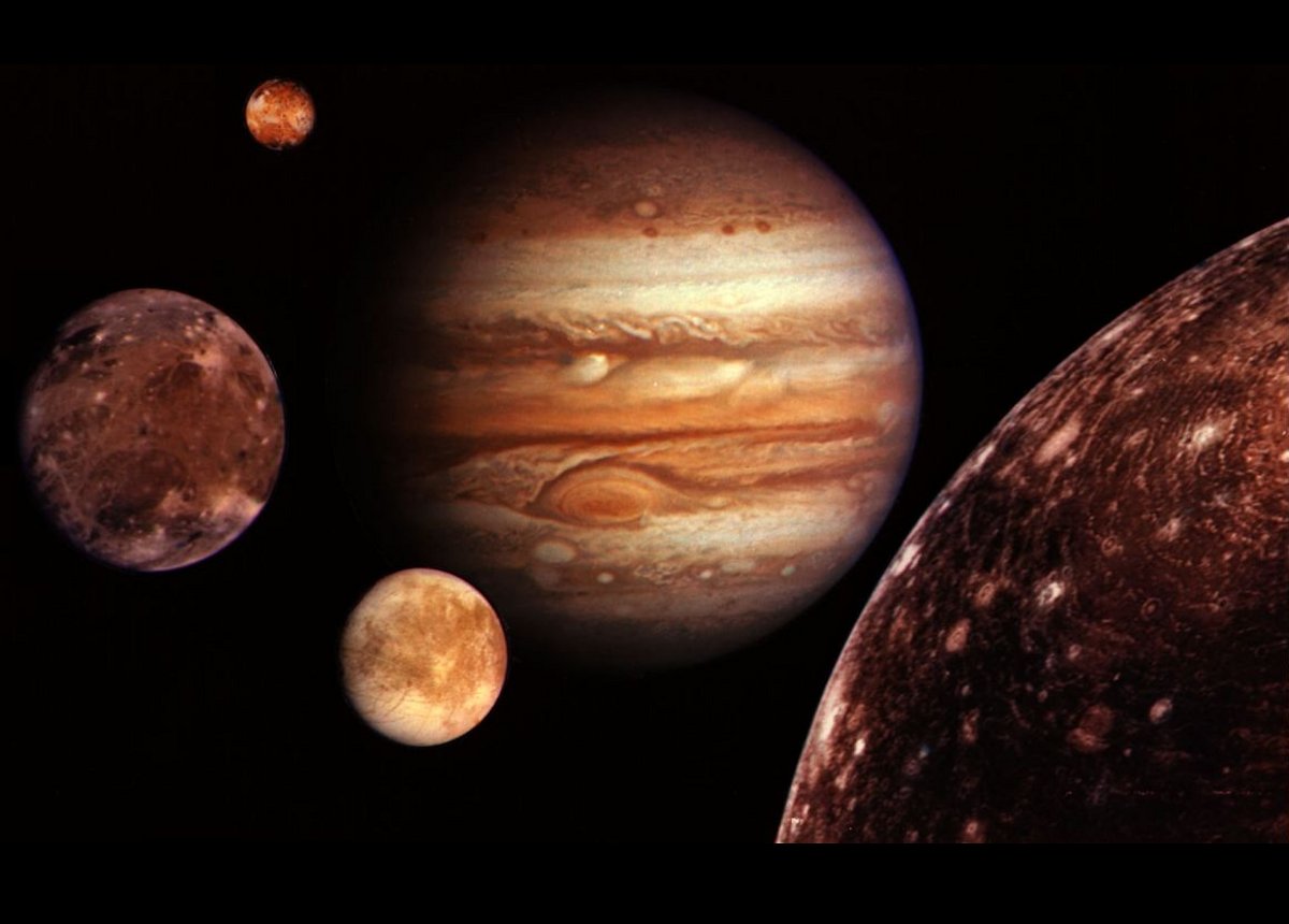 Jupiter and its four planet-sized Galilean moons, were photographed by the Voyager 1 probe, and assembled into this collage. They are not to scale.  Credit: NASA/JPL