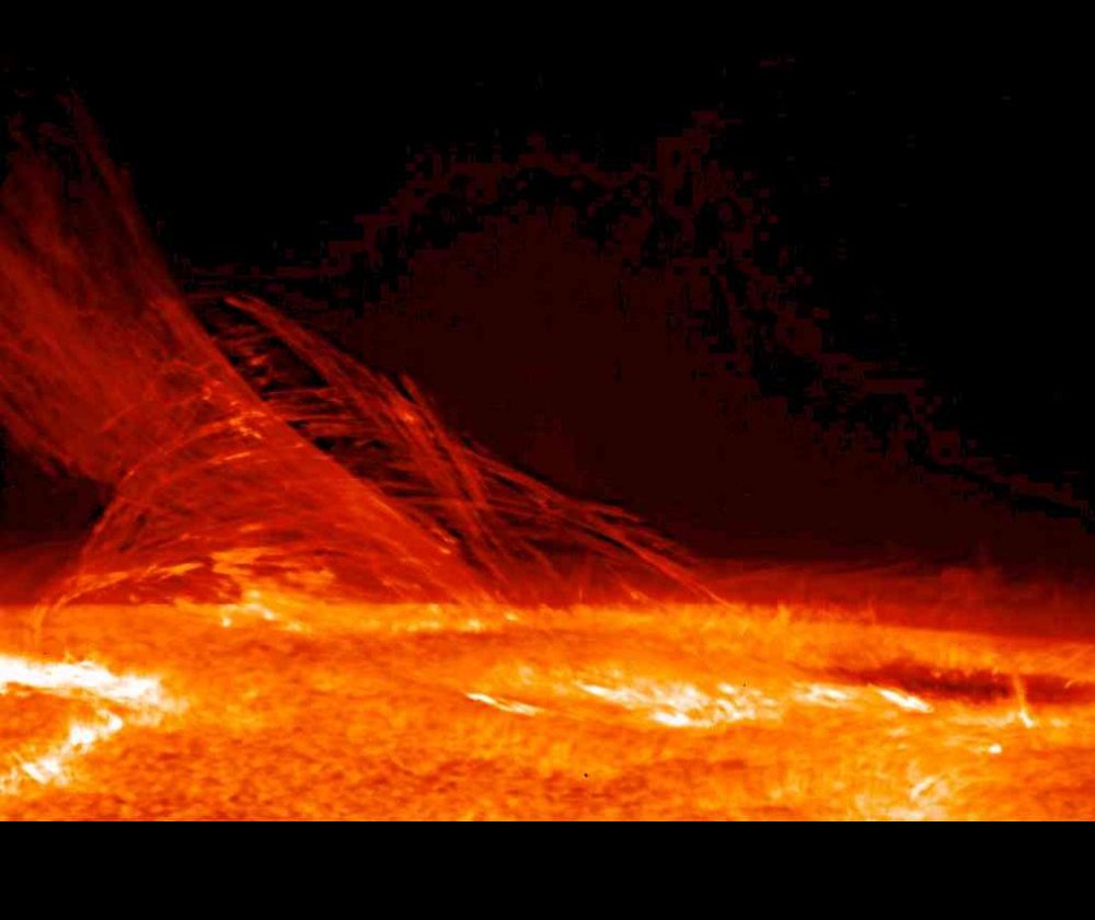 Hinode's Solar Optical Telescope taken Jan 12 2007.  This image reveals the filamentary nature of the plasma connecting regions of different  magnetic polarity in the chromosphere, the thin "layer" of solar atmosphere "sandwiched" between the visible surface, photosphere, and corona.  Credit: Hinode JAXA/NASA